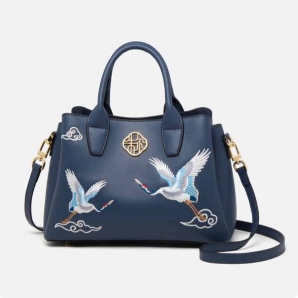 Embroidery Leather Tote Bag Traditional Crane - Image 6