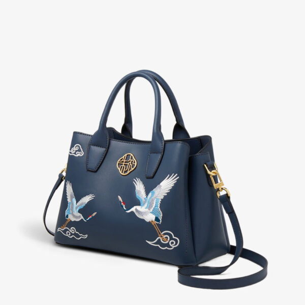 Embroidery Leather Tote Bag Traditional Crane - Image 7