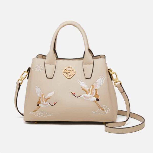 Embroidery Leather Tote Bag Traditional Crane - Image 8