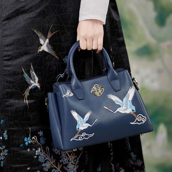Embroidery Leather Tote Bag Traditional Crane - Image 5