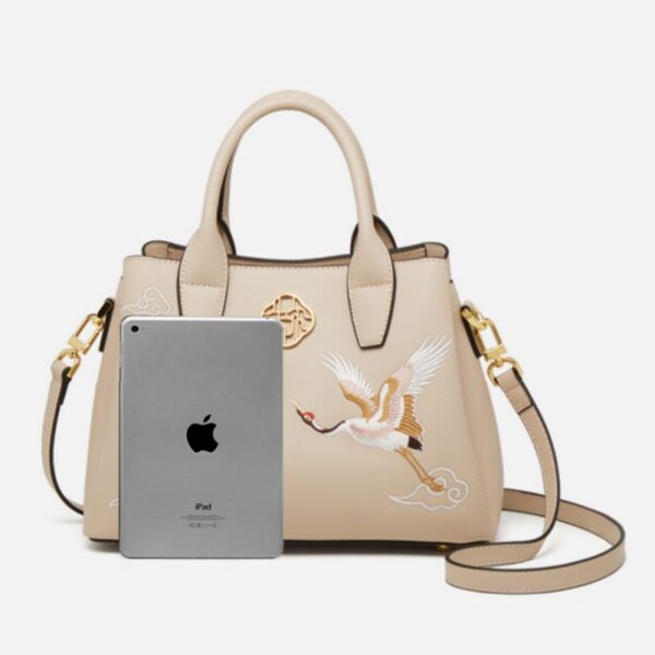 Embroidery Leather Tote Bag Traditional Crane - Image 10