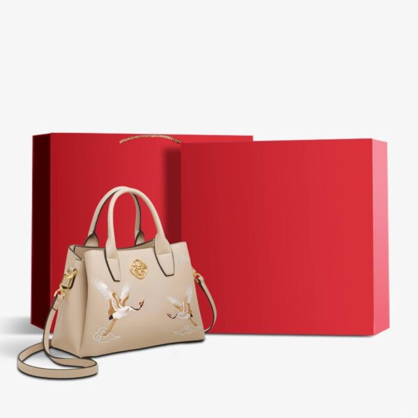 Embroidery Leather Tote Bag Traditional Crane - Image 12