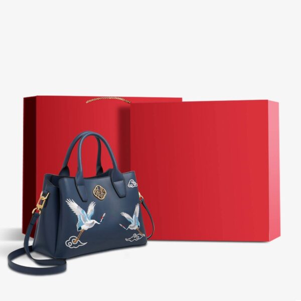 Embroidery Leather Tote Bag Traditional Crane - Image 13