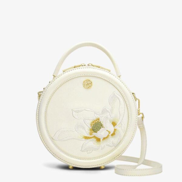 Embroidery Leather White Round Handbag Lotus