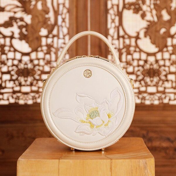 Embroidery Leather White Round Handbag Lotus - Image 4