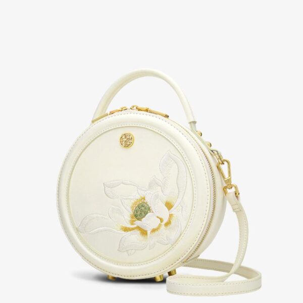 Embroidery Leather White Round Handbag Lotus - Image 7