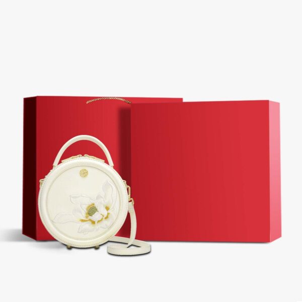 Embroidery Leather White Round Handbag Lotus - Image 11