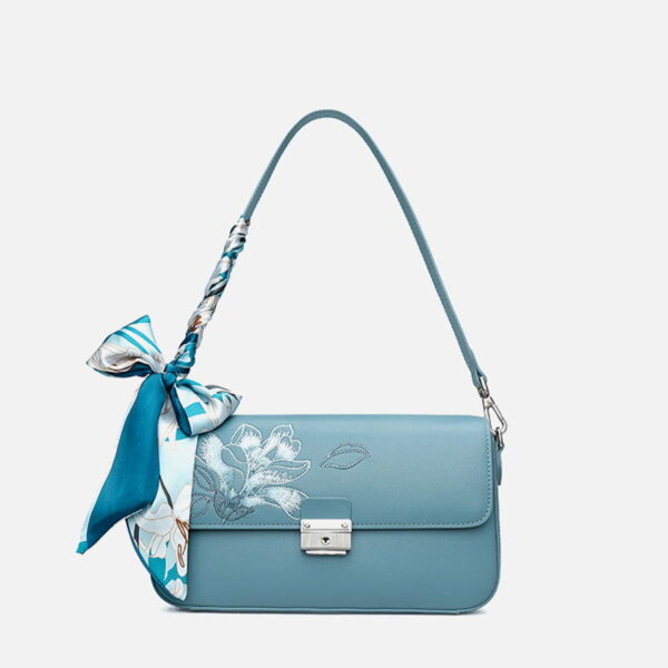 Embroidery Magnolia Leather Shoulder Bag with Scarf