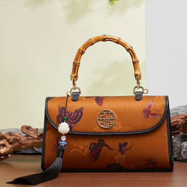 Xiangyunsha Silk Brown Butterfly Bamboo Handle Handbag - Image 2
