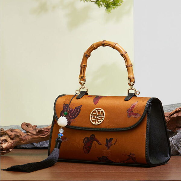 Xiangyunsha Silk Brown Butterfly Bamboo Handle Handbag - Image 3