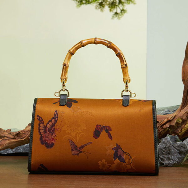 Xiangyunsha Silk Brown Butterfly Bamboo Handle Handbag - Image 4