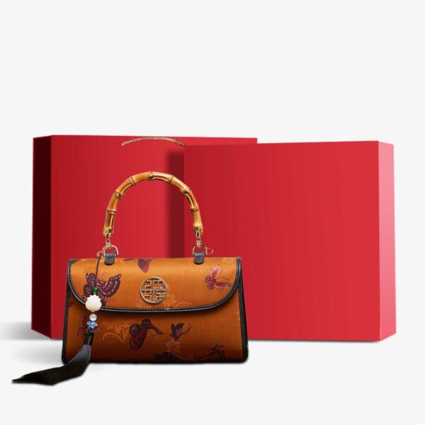 Xiangyunsha Silk Brown Butterfly Bamboo Handle Handbag - Image 8