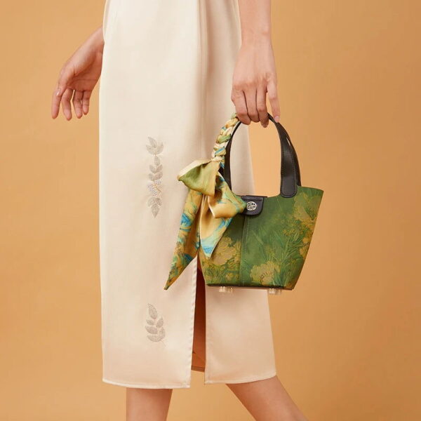 Xiangyunsha Silk Dark Green Bucket Bag with Scarf - Image 5