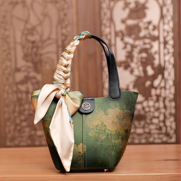 Xiangyunsha Silk Dark Green Bucket Bag with Scarf - Image 6