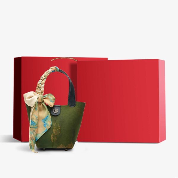 Xiangyunsha Silk Dark Green Bucket Bag with Scarf - Image 12