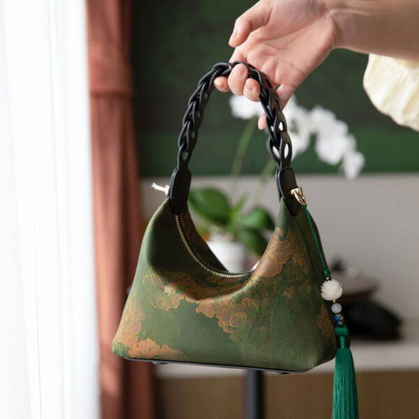 Xiangyunsha Silk Dark Green Mulberry Silk Shoulder Bag - Image 4