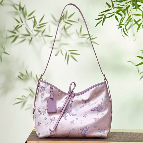 Handcraft Brocade Jacquard Purple Large-Capacity Chinoiserie Tote Bag - Image 3