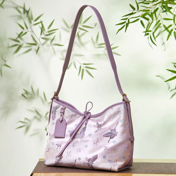 Handcraft Brocade Jacquard Purple Large-Capacity Chinoiserie Tote Bag - Image 4