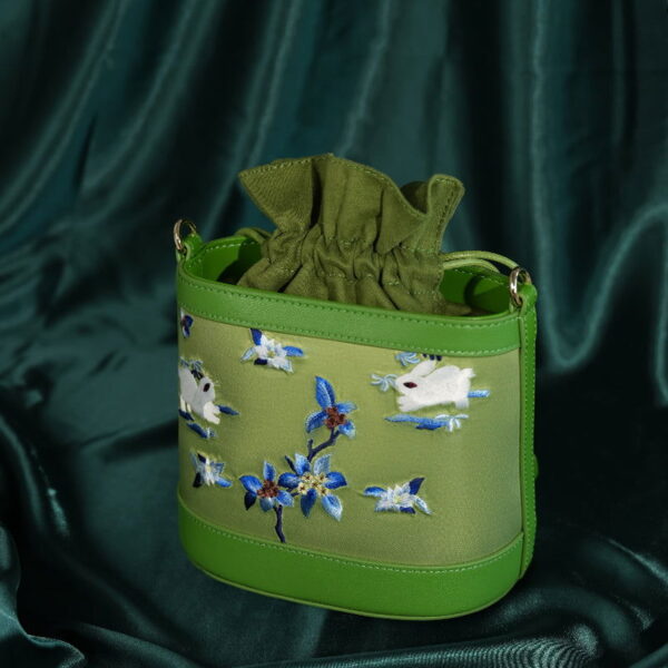 Handcrafted Embroidered Silk Osmanthus Green Bucket Bag - Image 3