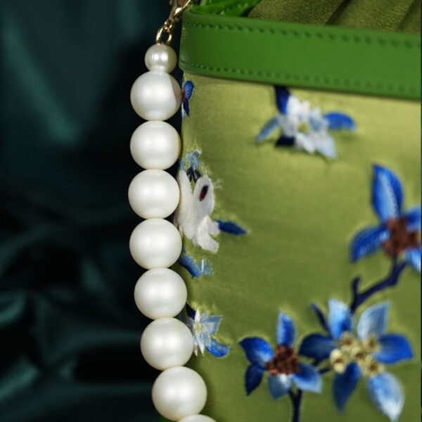 Handcrafted Embroidered Silk Osmanthus Green Bucket Bag - Image 5