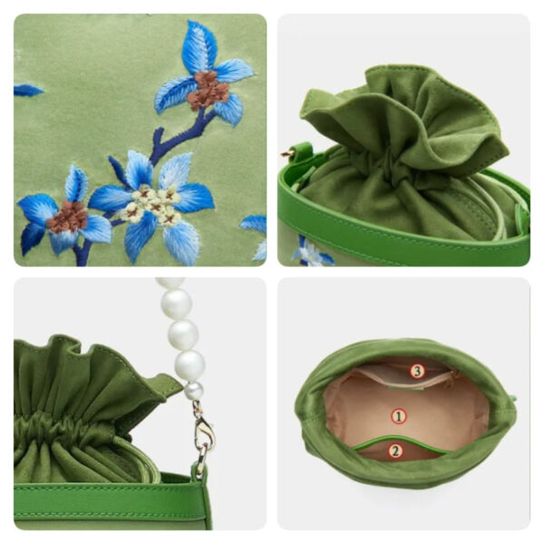 Handcrafted Embroidered Silk Osmanthus Green Bucket Bag - Image 6