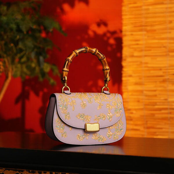 Handcrafted Embroidery Leather Purple Handbag Camellia Bamboo Handle - Image 3