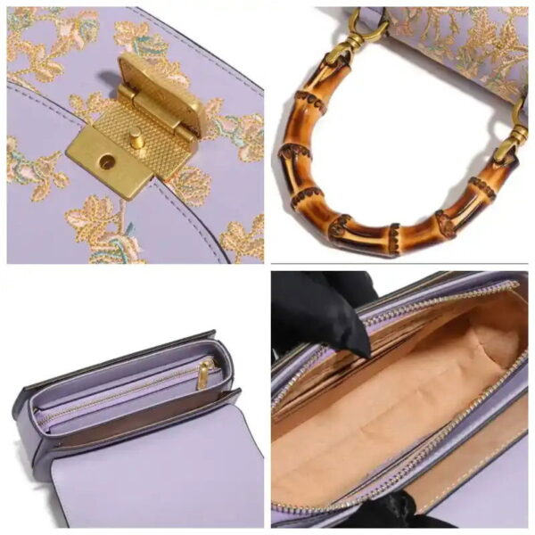 Handcrafted Embroidery Leather Purple Handbag Camellia Bamboo Handle - Image 5