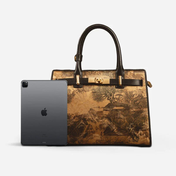Handmade xiangyunsha Silk Black Leather Kelly Bag Chinese Painting - Image 16