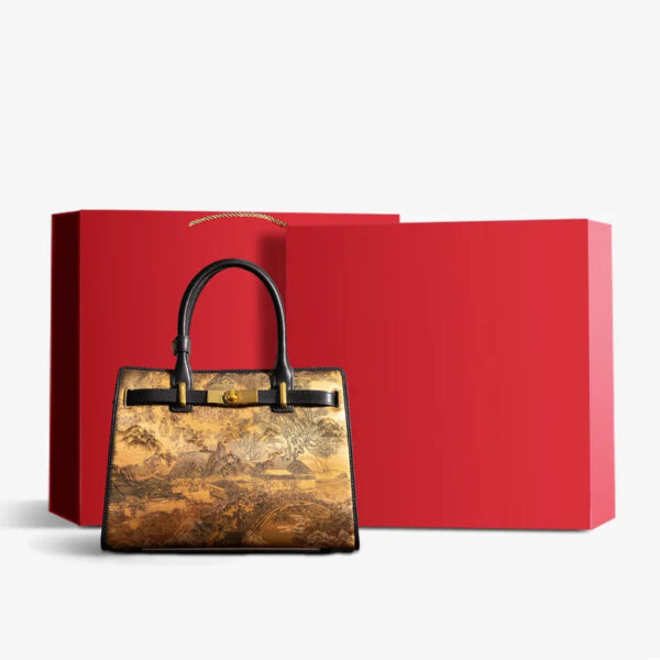 Handmade xiangyunsha Silk Black Leather Kelly Bag Chinese Painting - Image 17