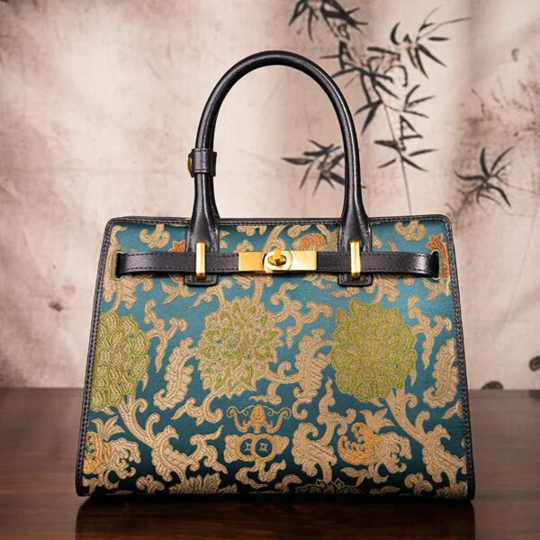 Handmade Song Brocade Chinoiserie Leather Kelly Bag Twining Flowers - Image 2
