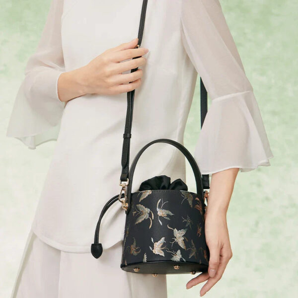 Brocade Black Bucket Bag Designer Butterfly Handbag - Image 5