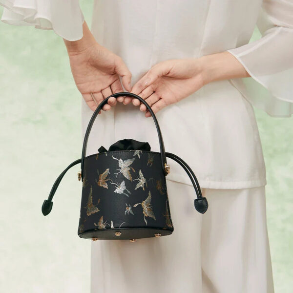 Brocade Black Bucket Bag Designer Butterfly Handbag - Image 4