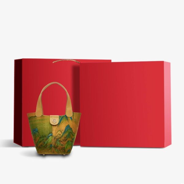 Chinese Painting Mulberry Silk Traditional Gold Basket Bag - Image 9