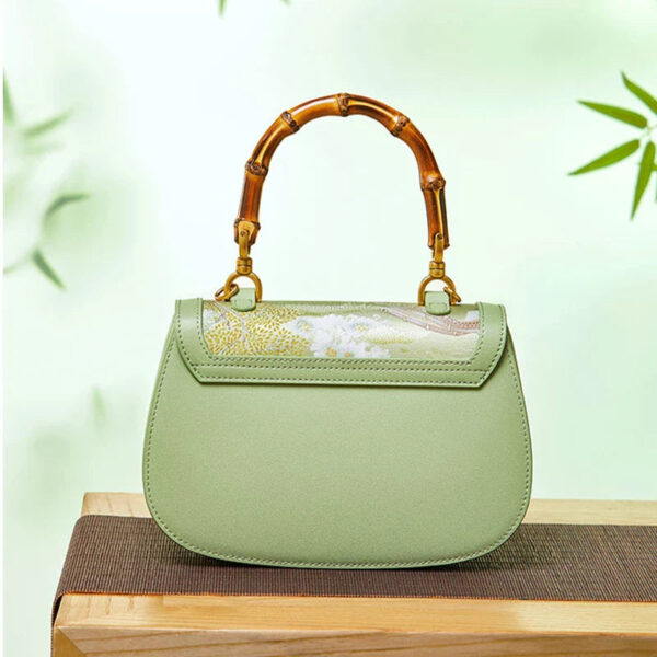 Chinese Painting Mulberry Silk GreenBamboo Handle Handbag - Image 7