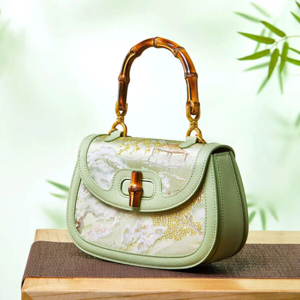Chinese Painting Mulberry Silk GreenBamboo Handle Handbag - Image 3
