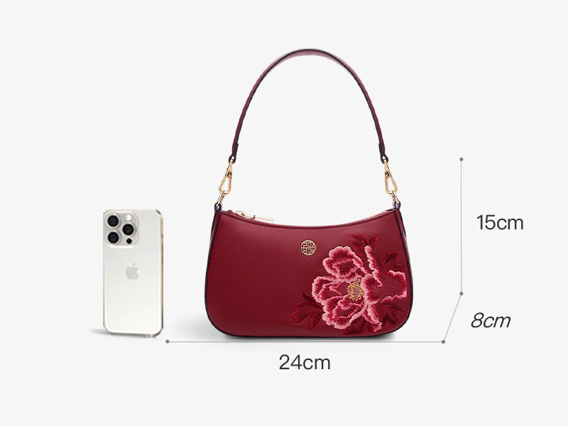 Embroidery Leather Red Shoulder Bag Peony Women's Hobo Handbag