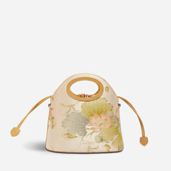 Printed Jacquard Lotus Khaki Drawstring Bucket Bag