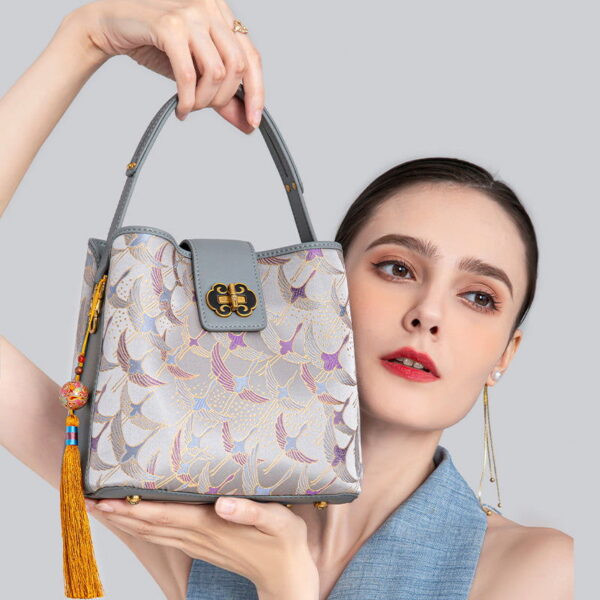 Song Brocade Chinese Bucket Tote Bag with Charming Tassel - Image 3