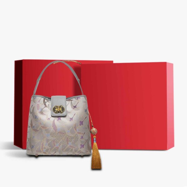 Song Brocade Chinese Bucket Tote Bag with Charming Tassel - Image 11
