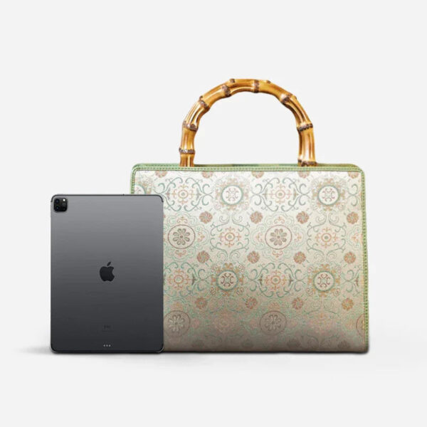 Song Brocade Retro Bamboo Handle Tote Bag Round Flower Handbag - Image 7