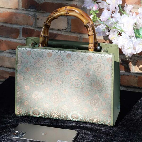 Song Brocade Retro Bamboo Handle Tote Bag Round Flower Handbag - Image 2
