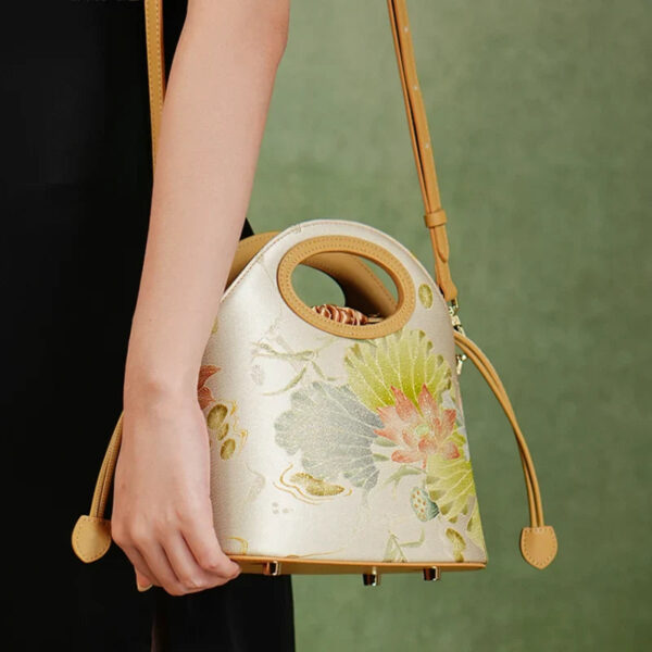Printed Jacquard Lotus Khaki Drawstring Bucket Bag - Image 3