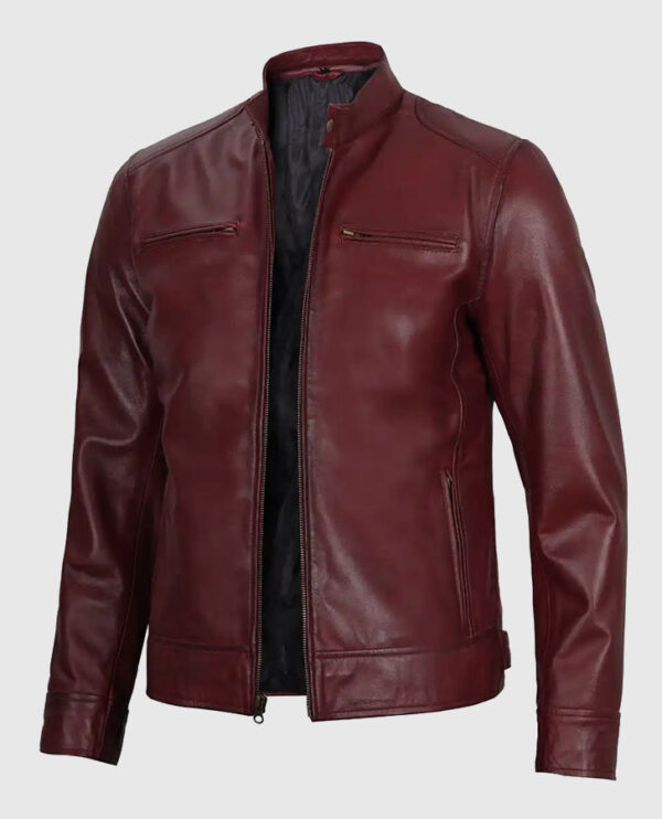 Men's Maroon Cafe Racer Leather Jacket - Image 5
