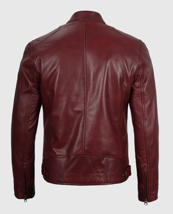 Men's Maroon Cafe Racer Leather Jacket - Image 2