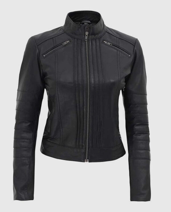 Women's Black Leather Cafe Racer Jacket with Decorated Seams
