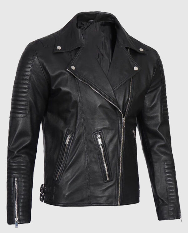 Men's Black Asymmetrical Leather Motorcycle Jacket - Image 4