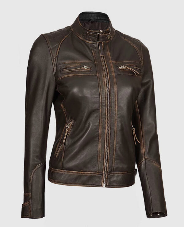 Women's Rub Off Dark Brown Quilted Leather Cafe Racer Jacket - Image 5