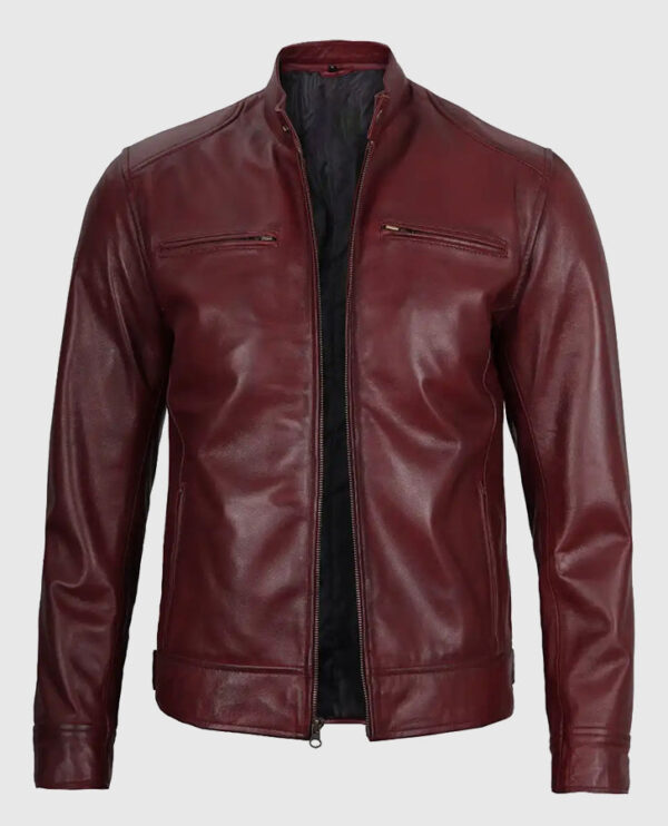 Men's Maroon Cafe Racer Leather Jacket - Image 3