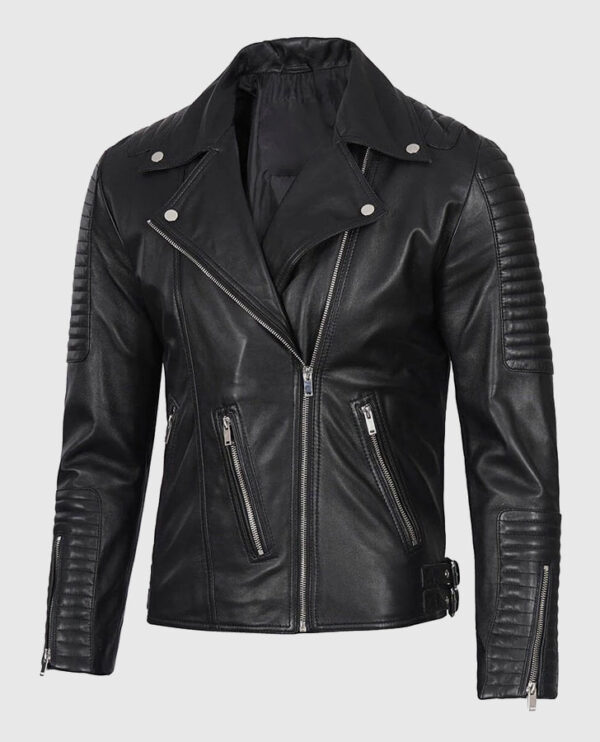 Men's Black Asymmetrical Leather Motorcycle Jacket - Image 3