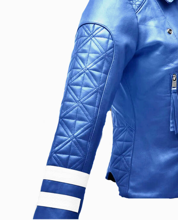 Women's Blue Biker Leather Jacket - Image 4